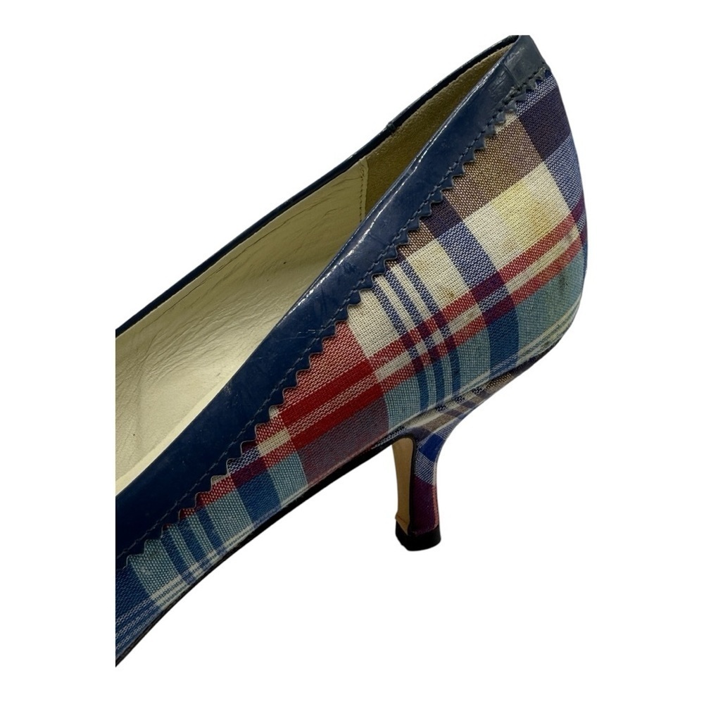 Bettye Muller Plaid Heels with Blue Bow Trim Retro 38.5 (US 8) - Picture 4 of 12